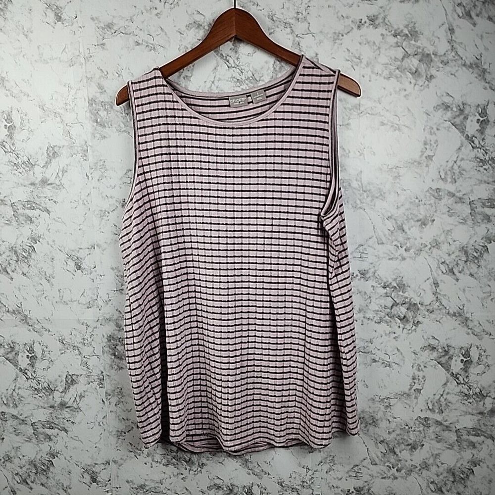Chicos Zenergy‎ Tank Top Striped Sleeveless Ribbed Knit Mauve Gray Size 3 16/18
